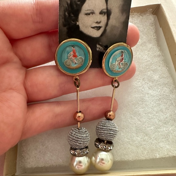 Vintage Dangle Earrings with Blue and Gold Accents - Picture 2 of 3